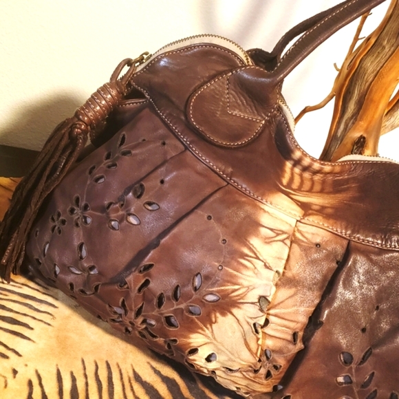 CATERINA LUCCHI-Brn/Ivory Leather Tie Dye Satchel w/ Tassel-NEW - Picture 14 of 15